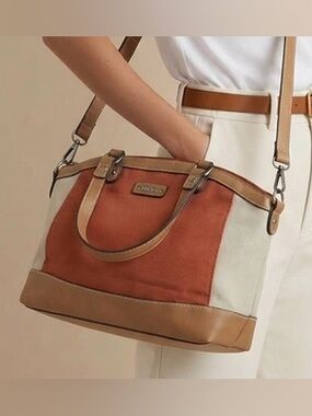 Roots Casual Daily Use Rust and Cream Canvas Shoulder Tote Tan Leather Trim